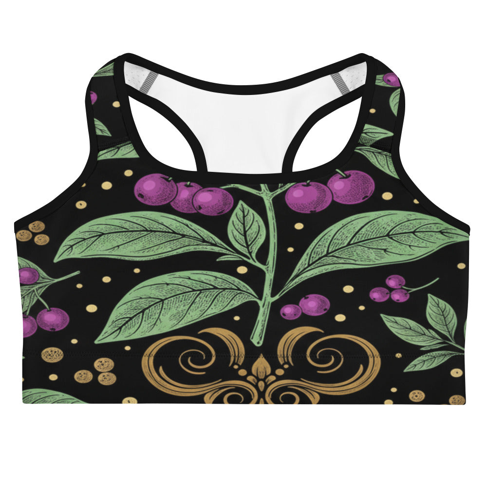 Women's black deadly nightshade botanical sports bra front view