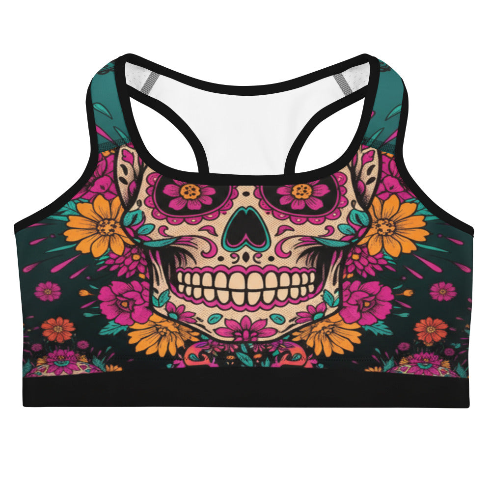 Women's Día de los Muertos marigold sports bra front view