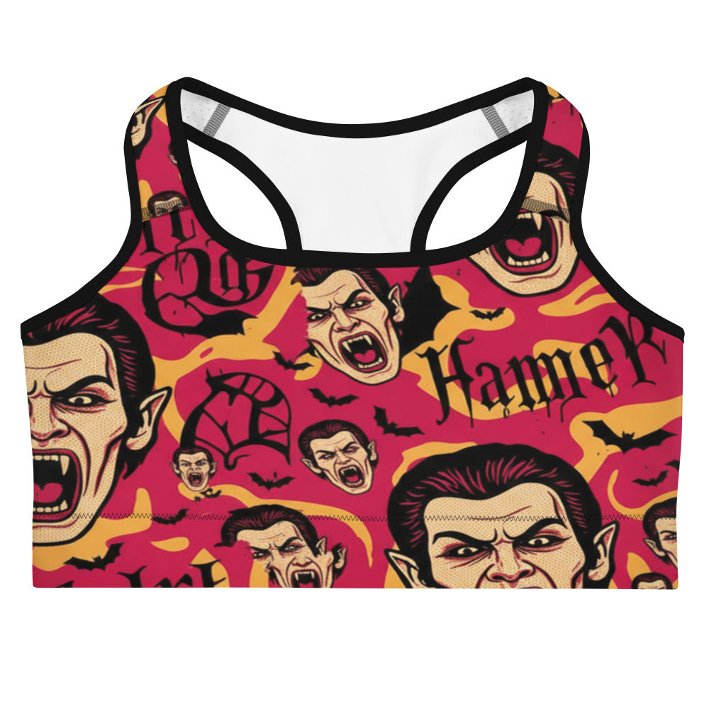 Women's hammer horror poster collage sports bra front view