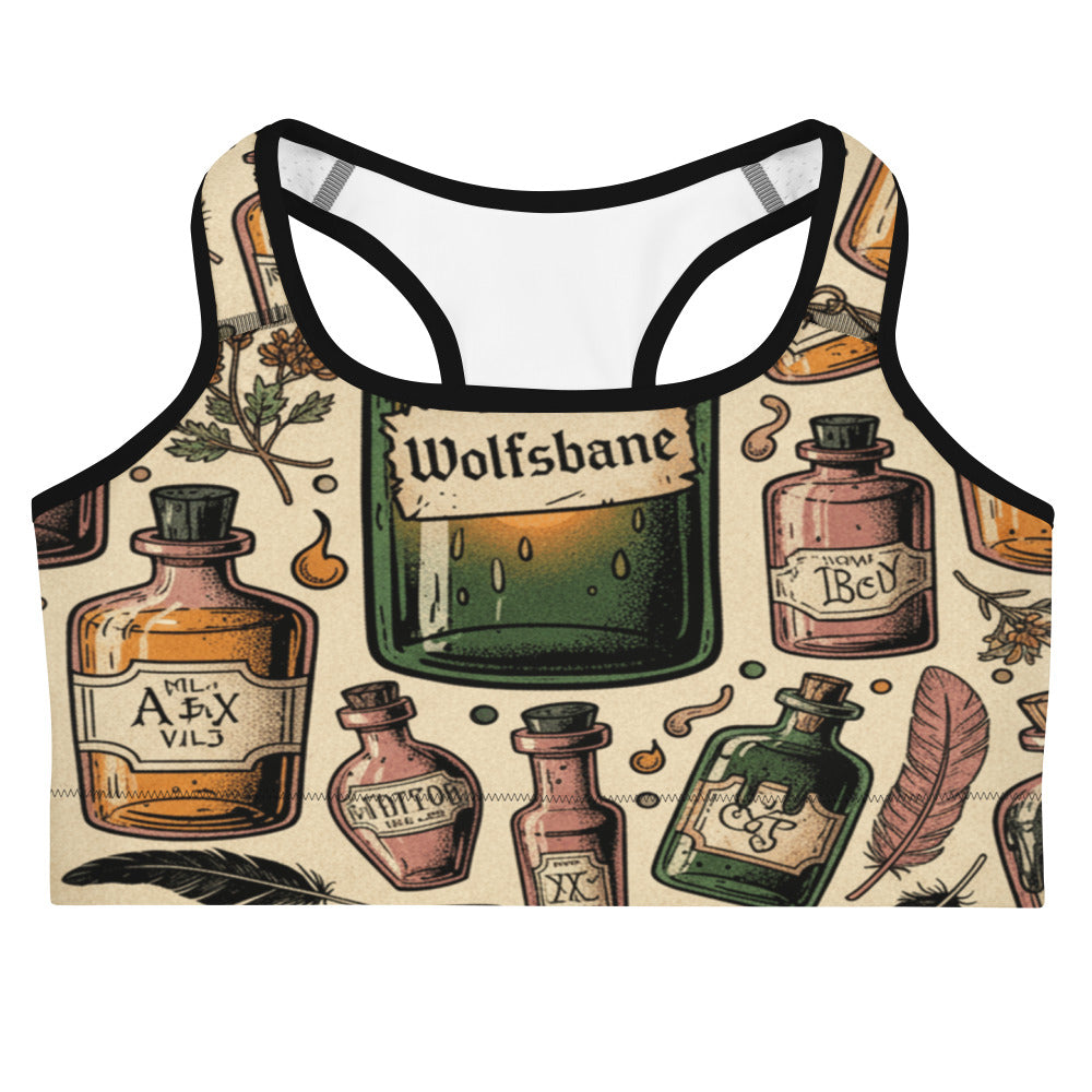 Women's witches apothecary bottles sports bra front view