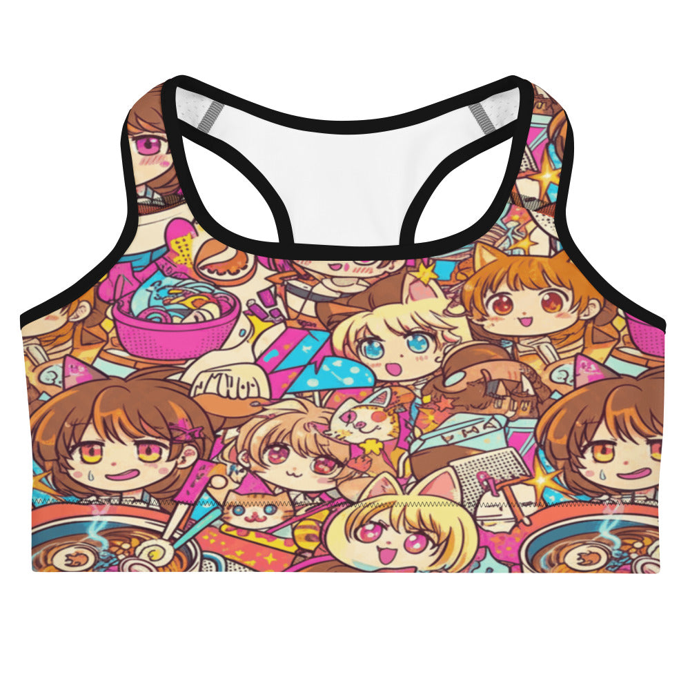 Anime Collage Cat Cafe Sports Bra featuring a vibrant anime manga pattern, GearBunch Sports Bra