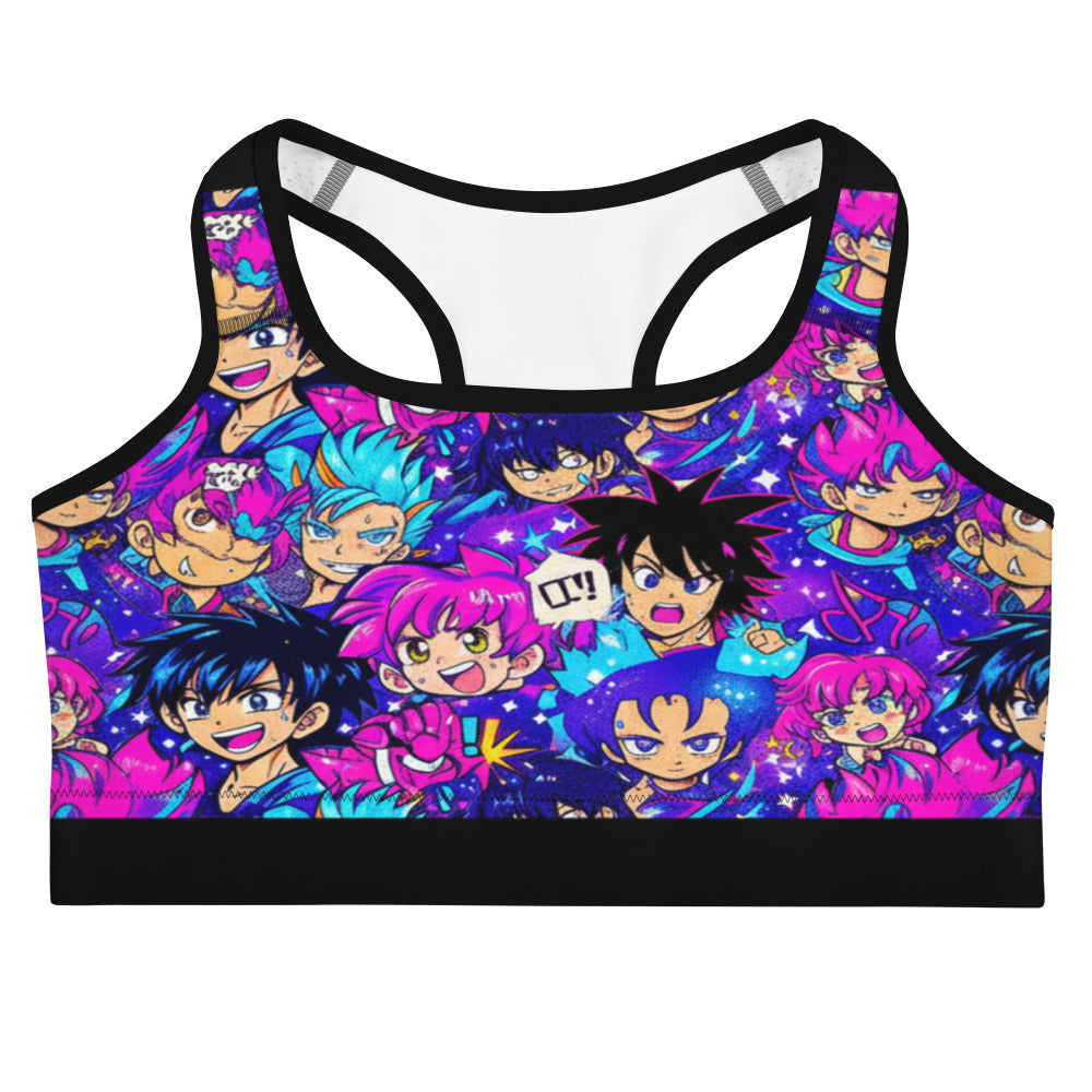 Anime Collage Galaxy Hero Sports Bra, vibrant and bold design, GearBunch Sports Bra