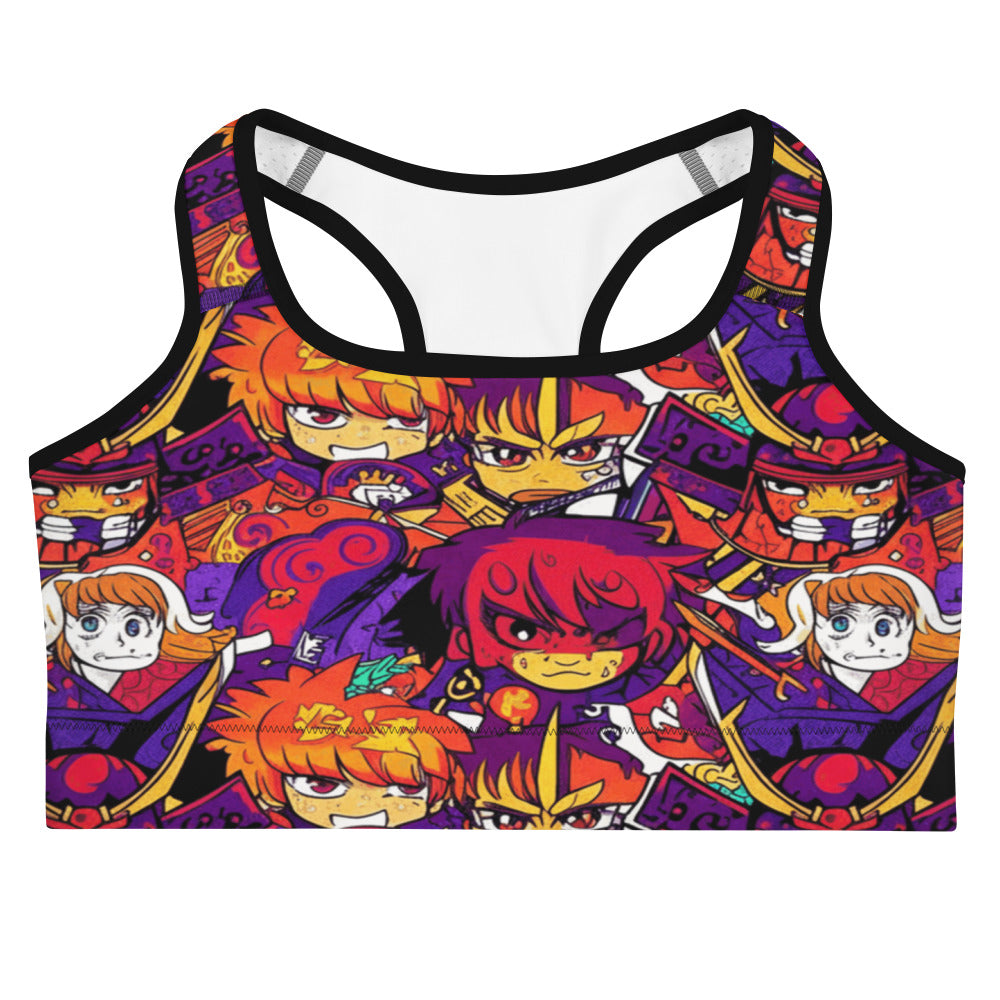 Anime Collage Sunset Samurai Sports Bra from GearBunch featuring an all-over anime-inspired print.