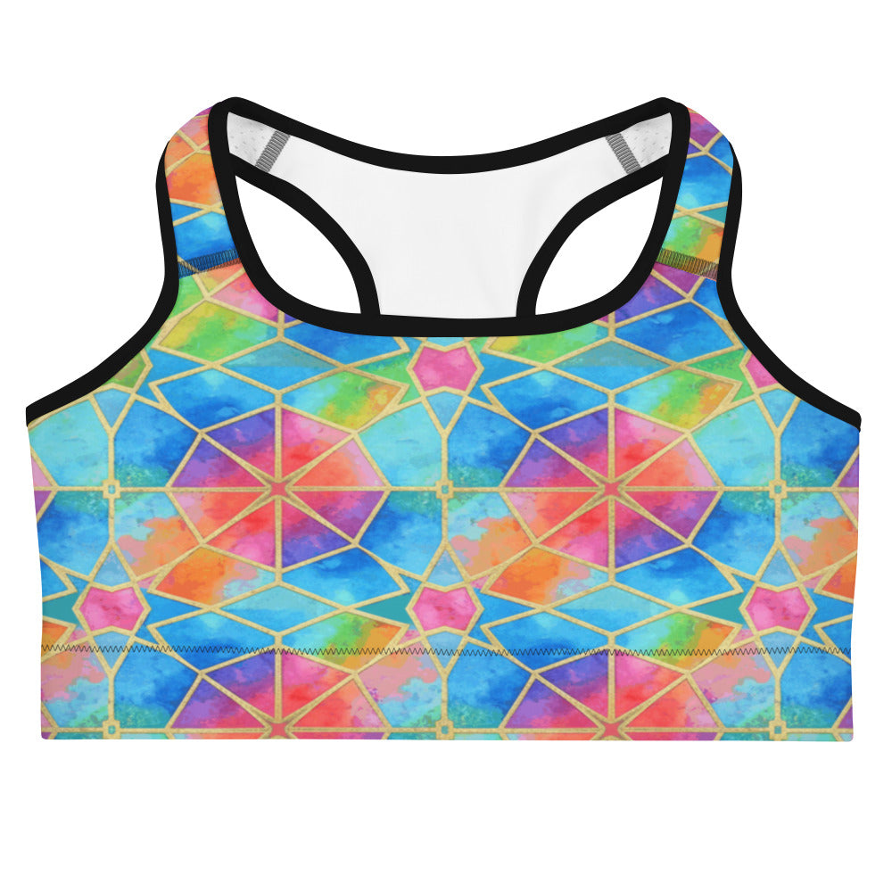 Arabic Watercolour Festival Sports Bra from GearBunch. A colourful geometric print activewear crop top with gold lines.