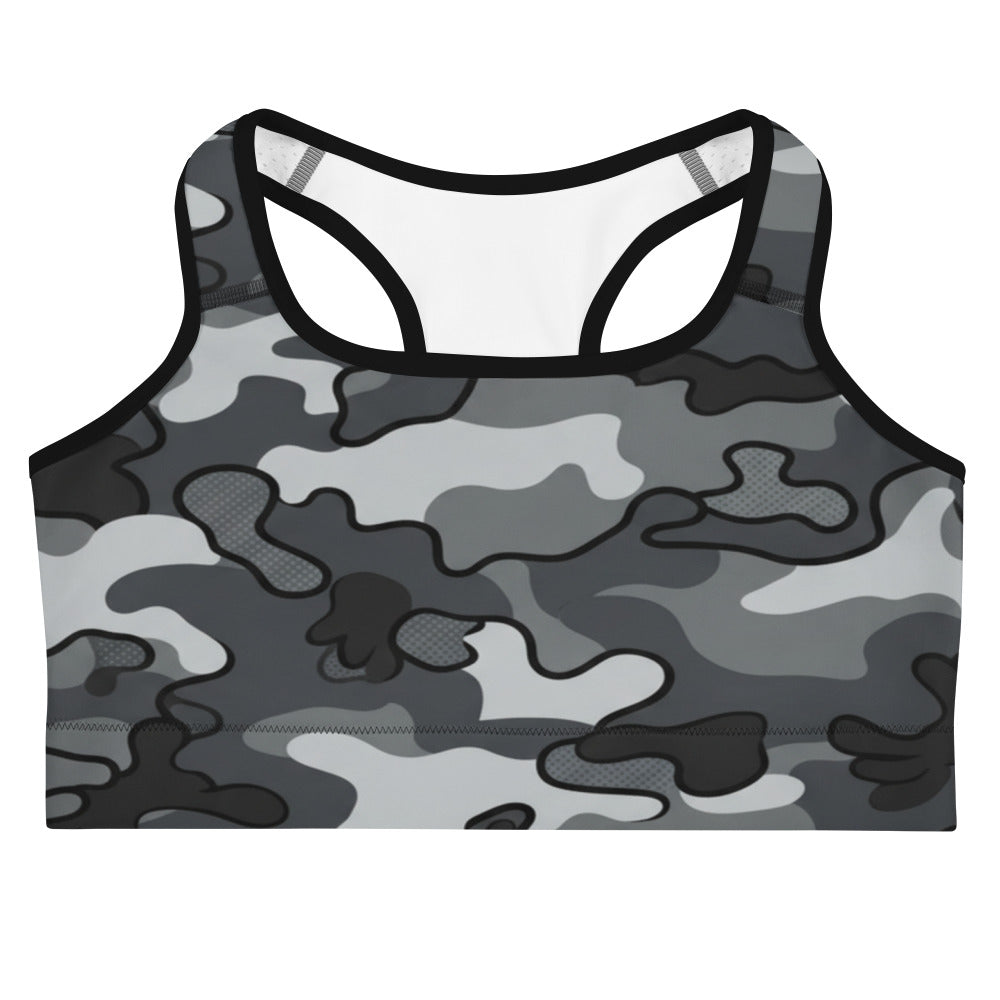 Charcoal Steel Camo Sports Bra from GearBunch, featuring a dark camouflage print perfect for workouts or everyday wear.