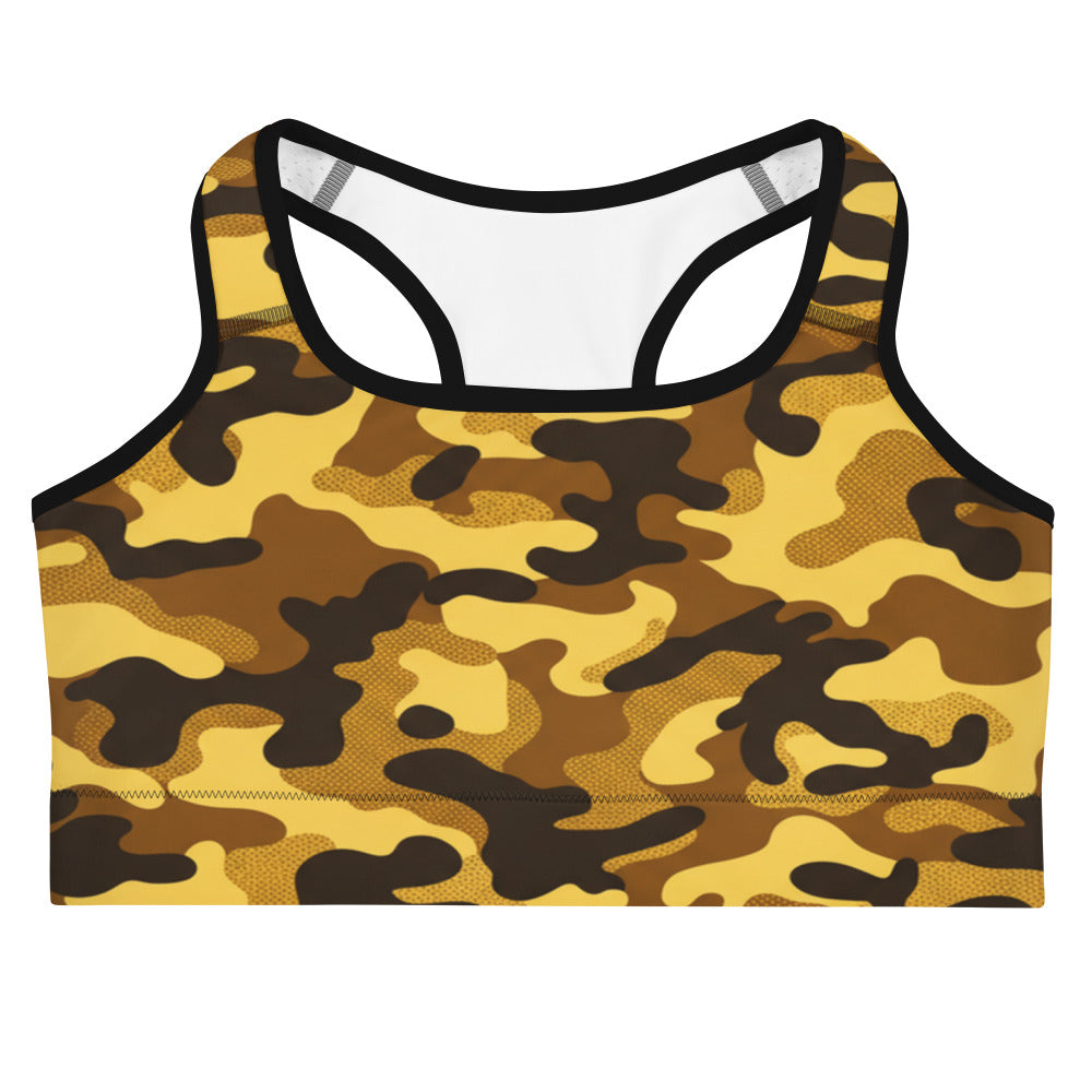 Gold Camo Sports Bra featuring a camouflage print in gold, amber, and brown tones, GearBunch Sports Bra