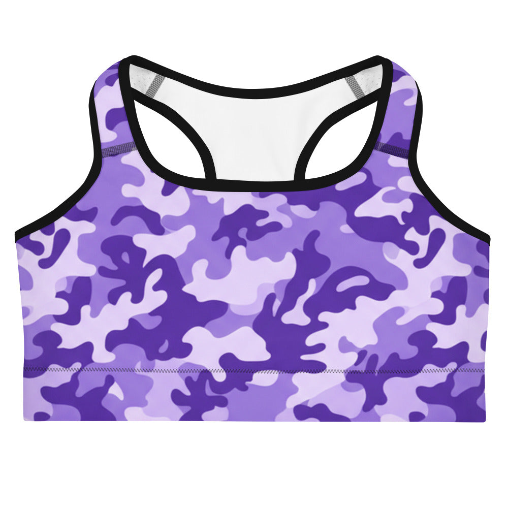 Lavender Camo Sports Bra from GearBunch featuring shades of purple in a classic camouflage pattern.