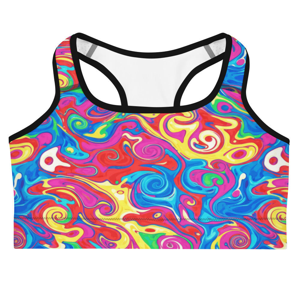 Liquid Marble Candy Pop Sports Bra by GearBunch, featuring a vibrant swirl of neon colours.