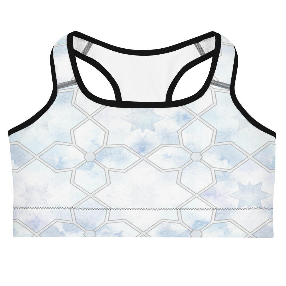 Arabic Watercolour Ice Crystal Sports Bra from GearBunch, geometric print in shades of white, blue, and silver.
