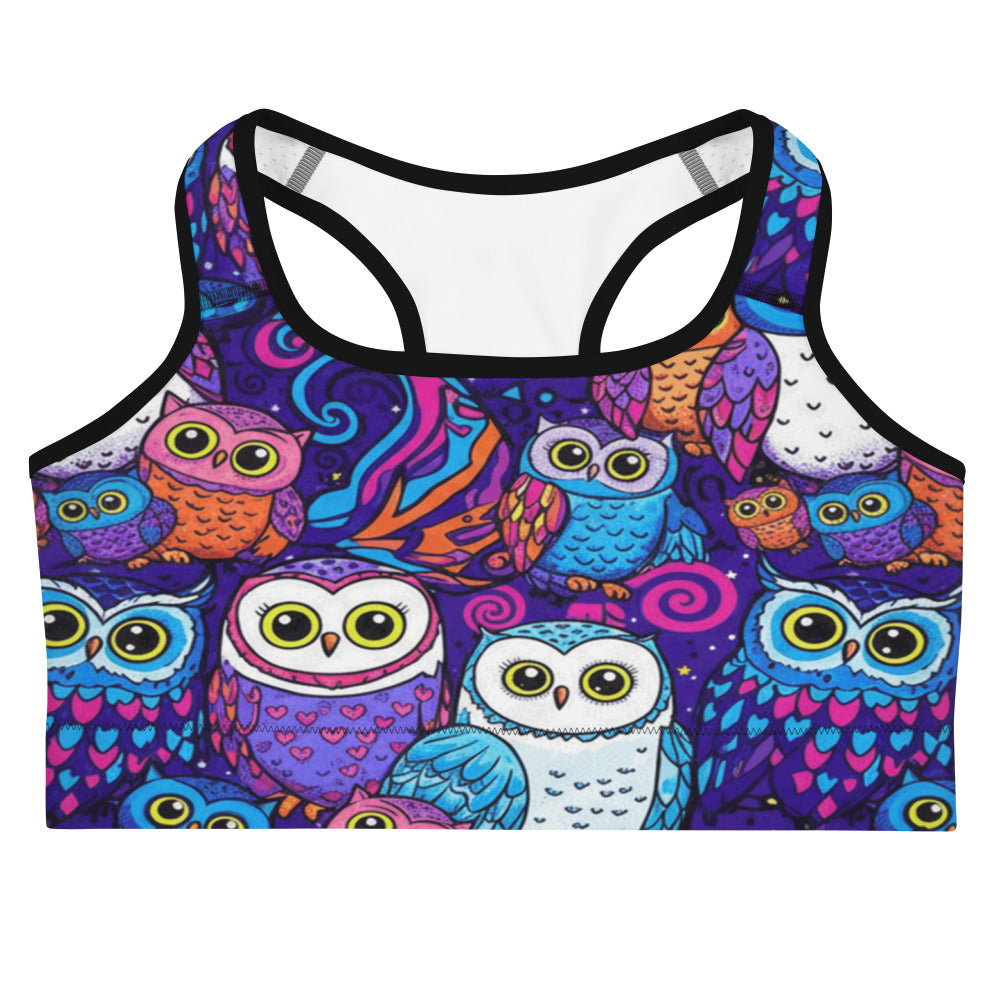 Vibrant Owl Night Sports Bra from GearBunch, featuring a colourful owl design for active women.
