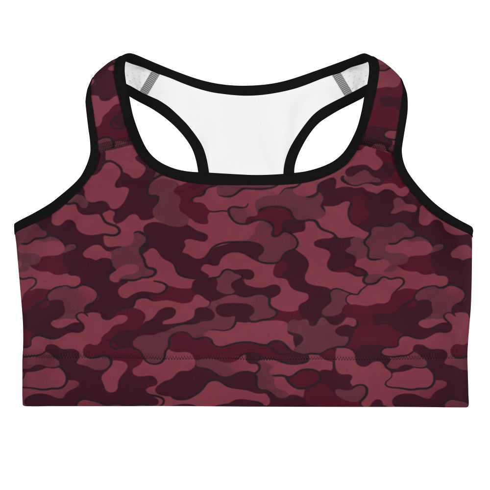 Wine Burgundy Camo Sports Bra from GearBunch, featuring a deep red and burgundy camouflage all-over print.