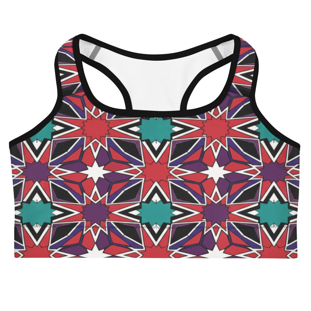 Zellige Crimson Teal Sports Bra featuring a geometric tile pattern in crimson, teal, white and black by GearBunch.