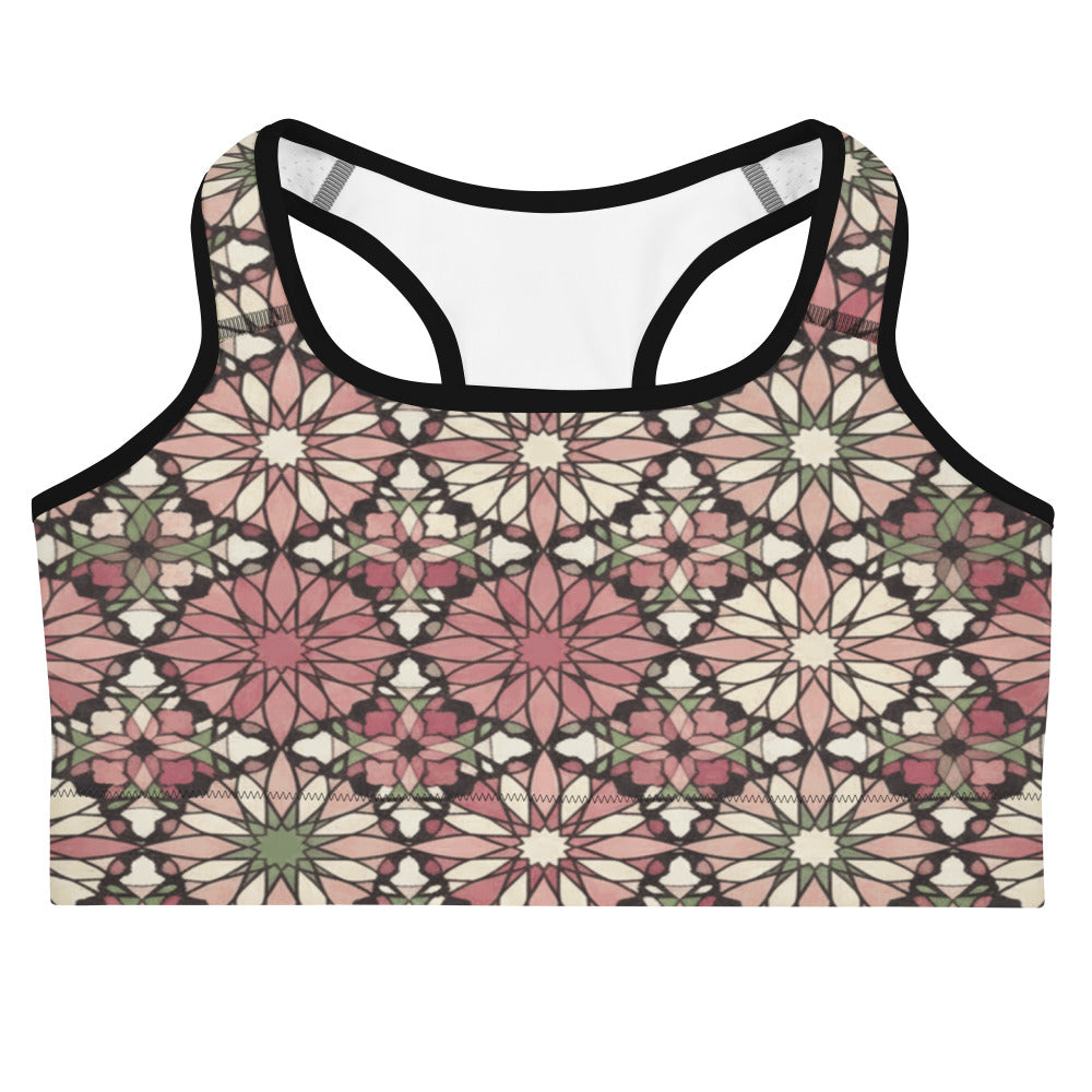 Zellige Rose Garden Sports Bra by GearBunch: Premium activewear featuring a geometric pattern in pink, green, and cream.