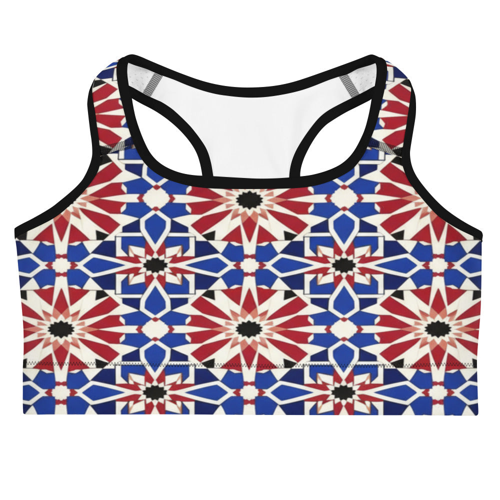 Zellige Sapphire Ruby Sports Bra from GearBunch featuring a bold geometric print in red, blue, gold, white and black.