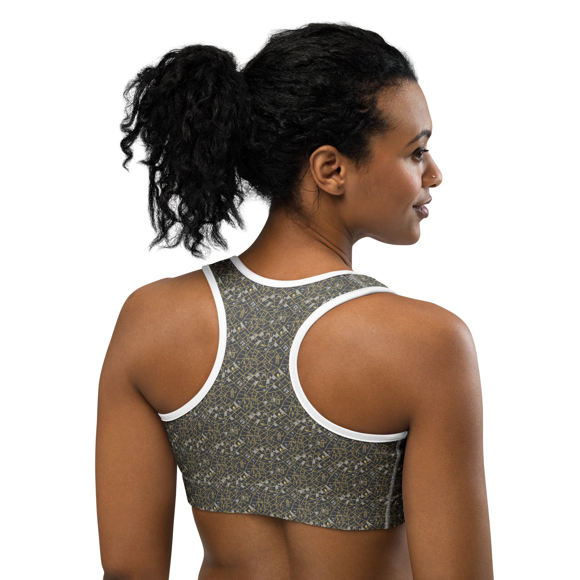 Paris Map Grey Gold Sports Bra | GearBunch