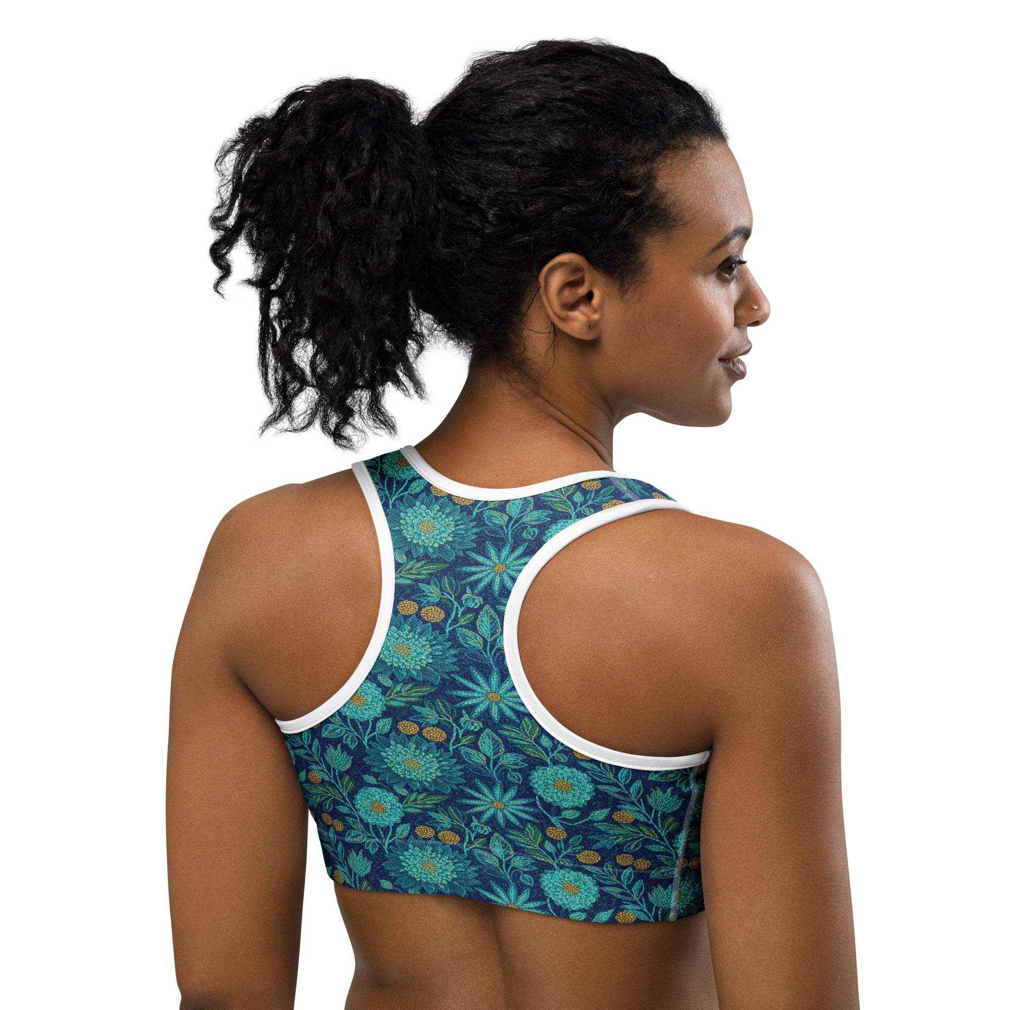 Teal Paillette Lotus Garden Sports Bra | GearBunch