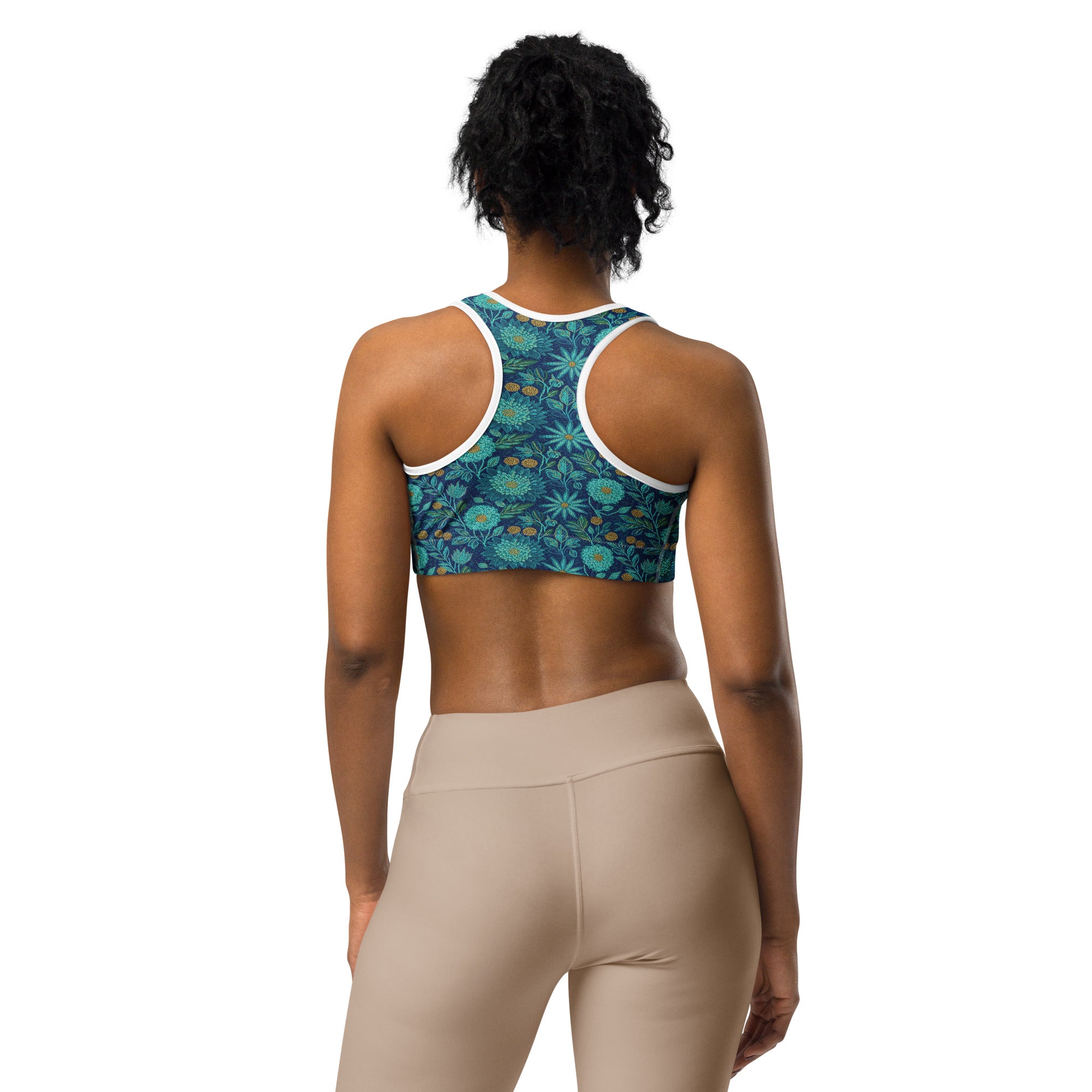 Teal Paillette Lotus Garden Sports Bra | GearBunch