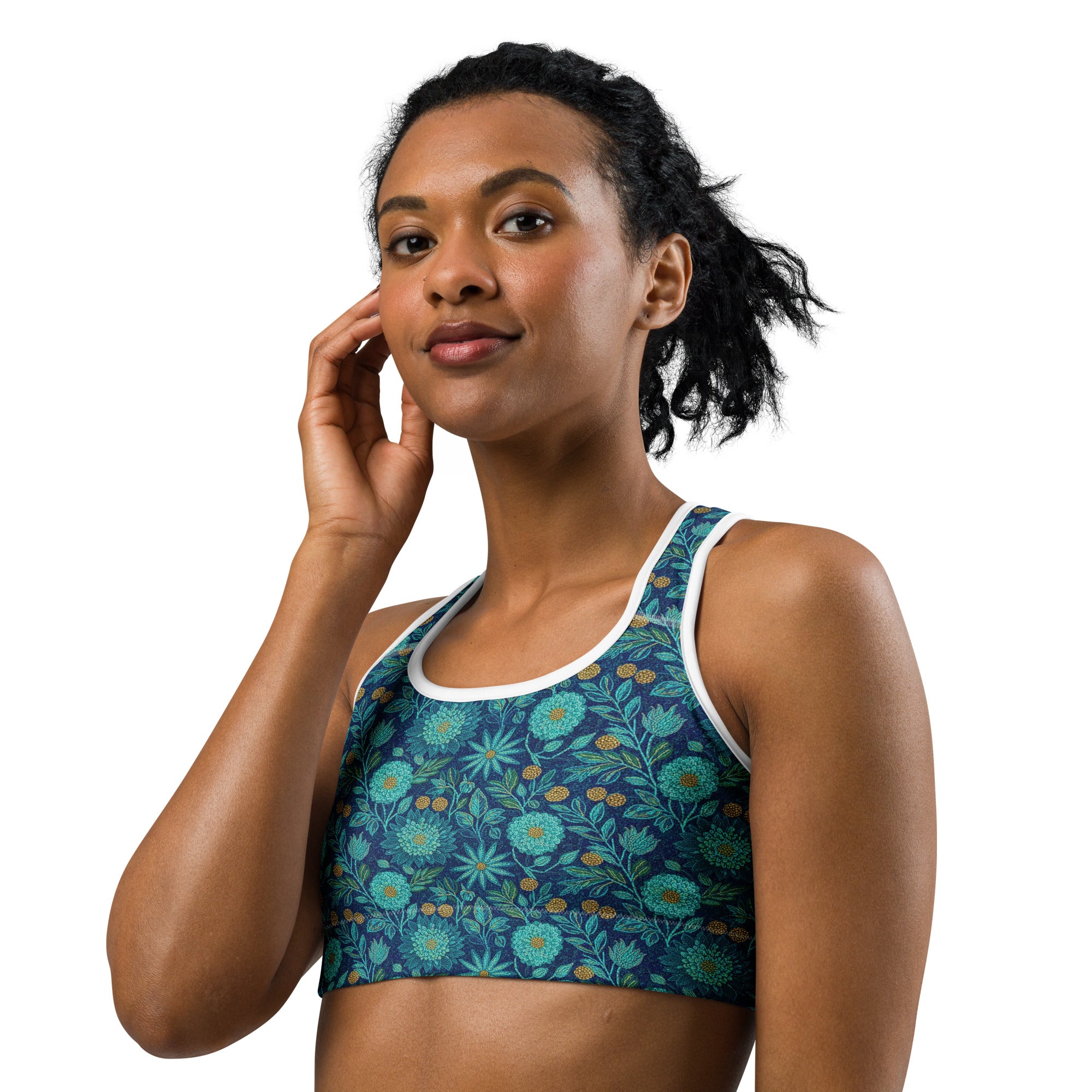 Teal Paillette Lotus Garden Sports Bra | GearBunch