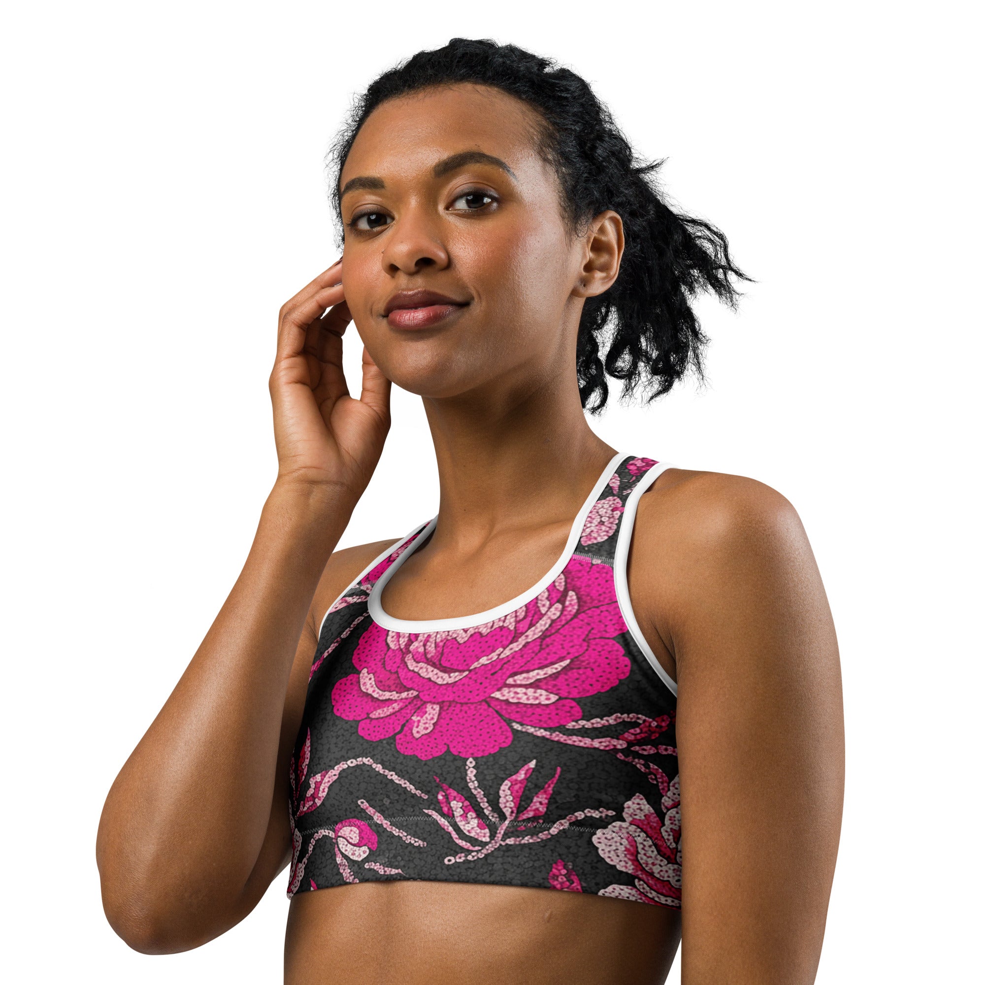 Pink Paillette Peony Sports Bra | GearBunch