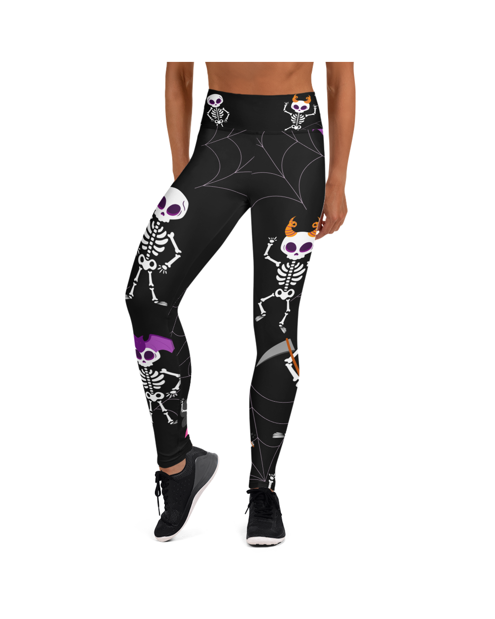 Women's white dancing skeletons yoga pants front view