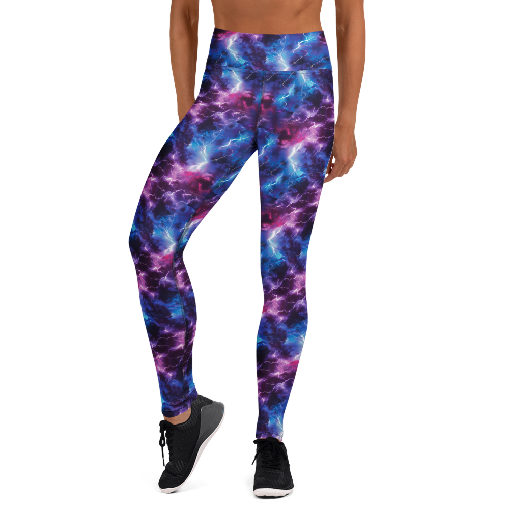 Women's neon lightning printed yoga pants front view