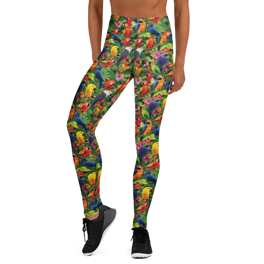 Women's tropical bird printed yoga pants front view