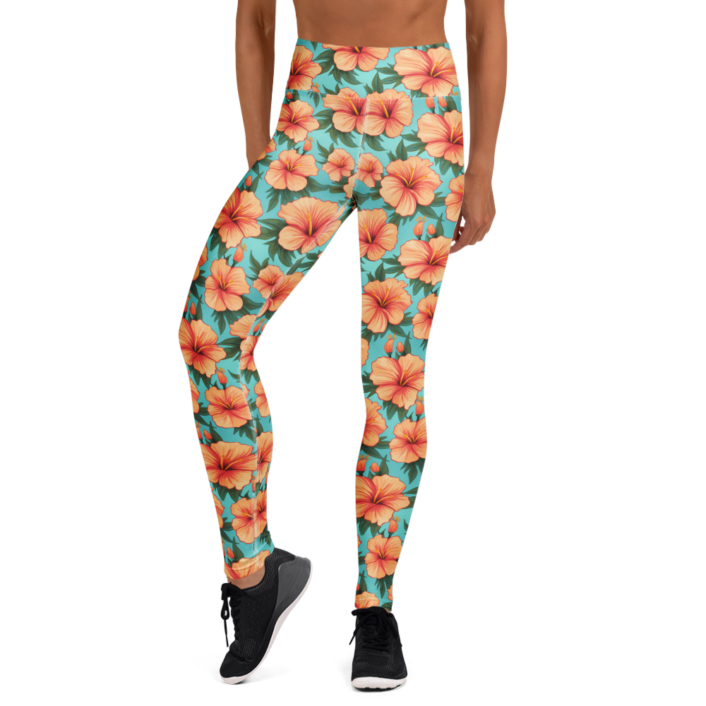 Women's tropical hibiscus printed yoga pants front view