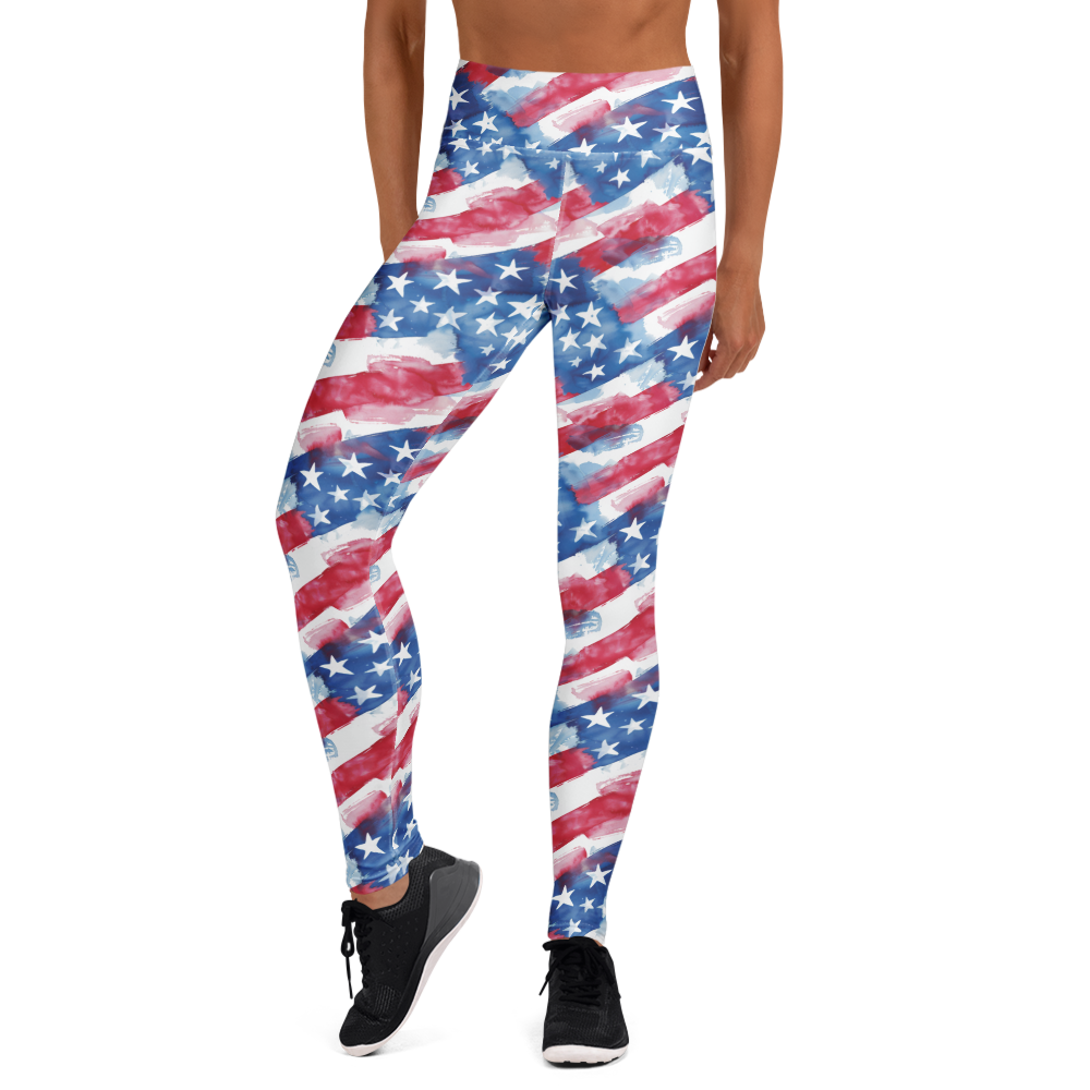 Women's watercolor patriot printed yoga pants front view