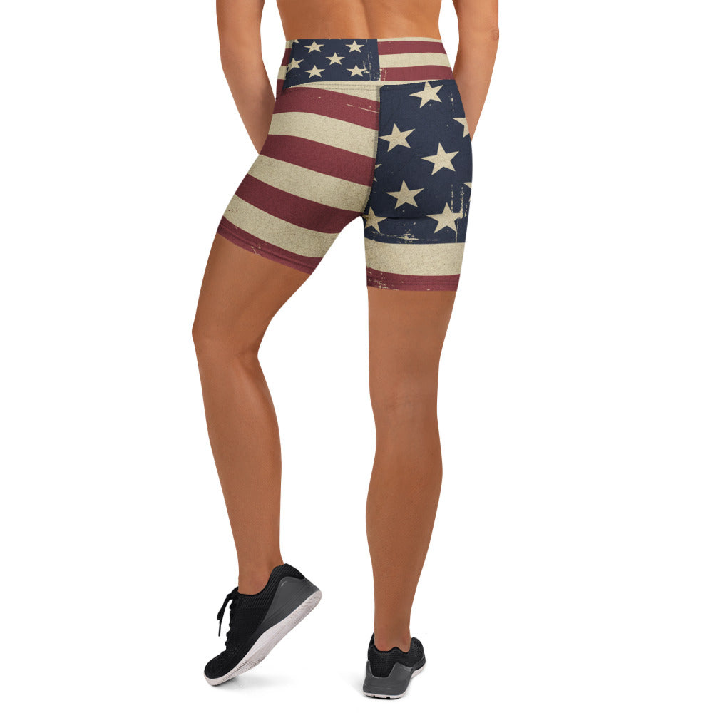 Vintage Distressed American Flag Yoga Shorts | GearBunch
