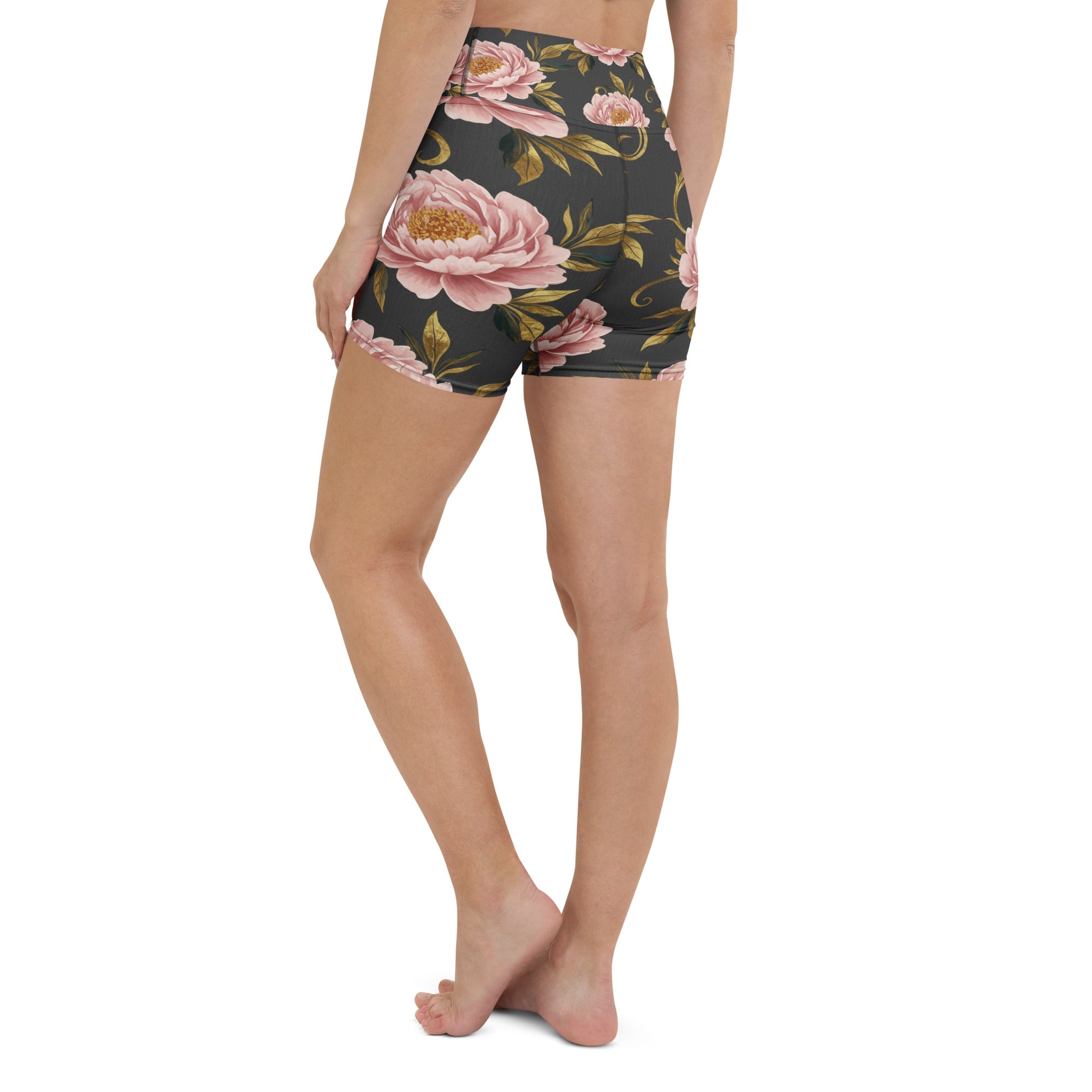 Blush Peonies and Gold Yoga Shorts | GearBunch