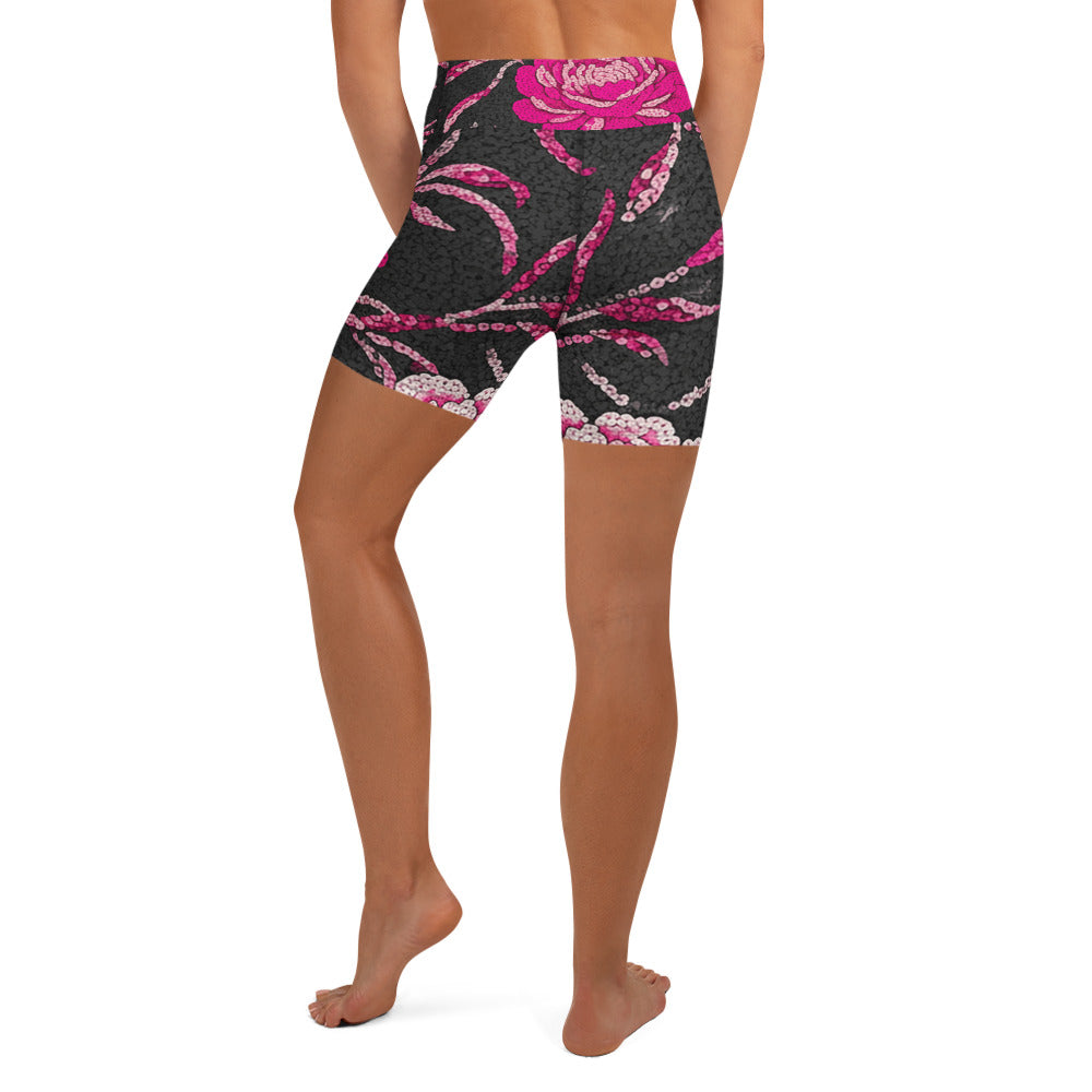 Pink Paillette Peony Yoga Shorts | GearBunch