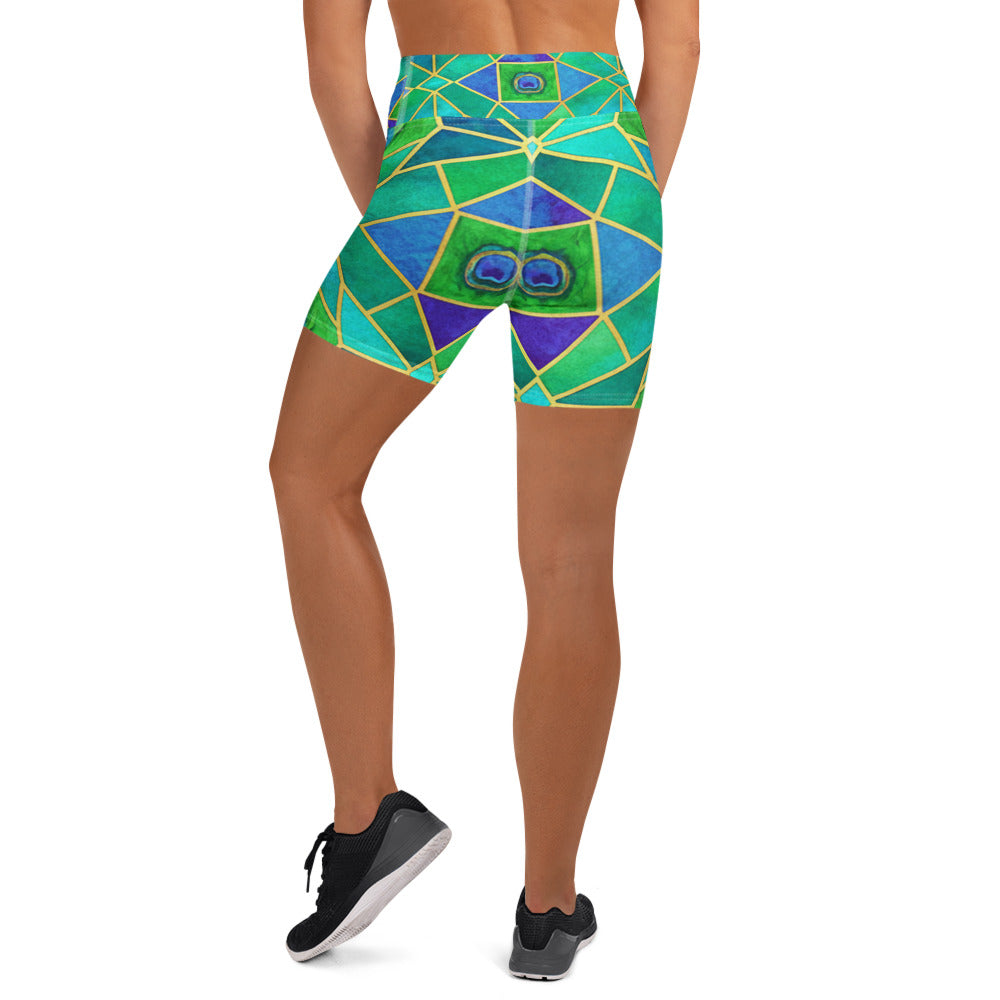 Arabic Watercolour Peacock Plume Yoga Shorts | GearBunch