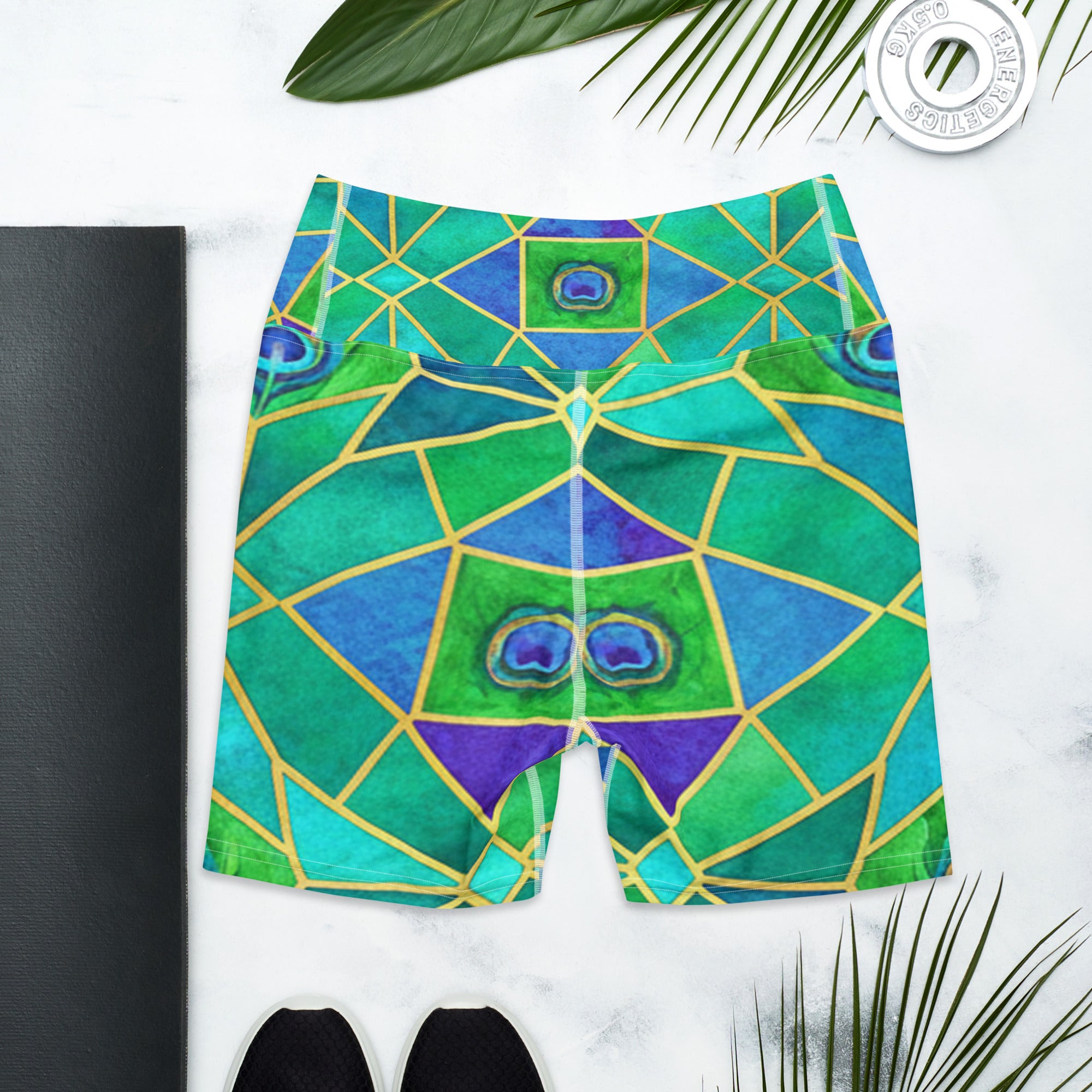 Arabic Watercolour Peacock Plume Yoga Shorts | GearBunch