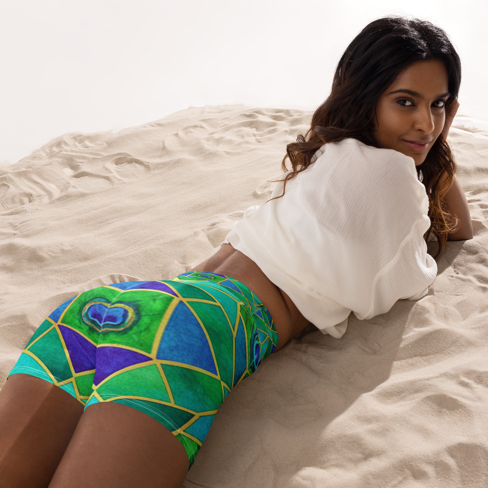 Arabic Watercolour Peacock Plume Yoga Shorts | GearBunch