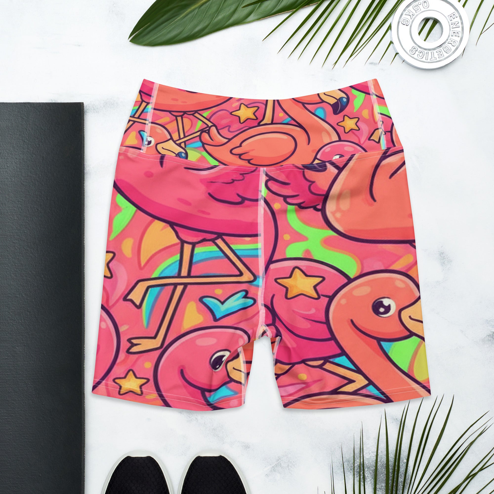 Vibrant Flamingo Flock Yoga Shorts | GearBunch