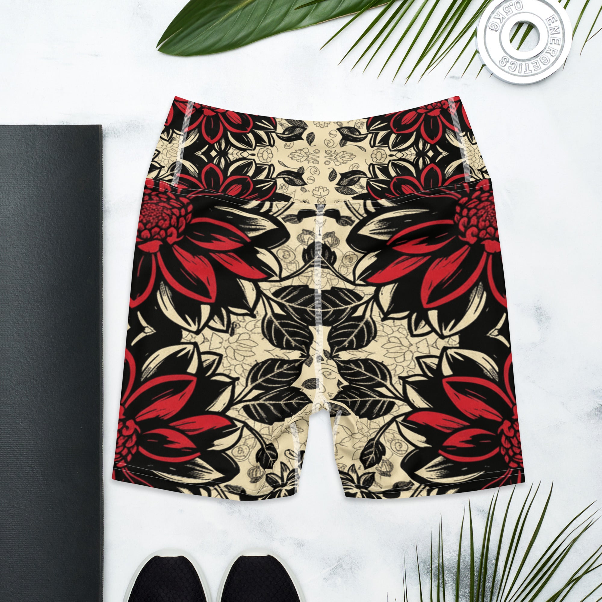 Black Dahlia Bloom Yoga Shorts | GearBunch
