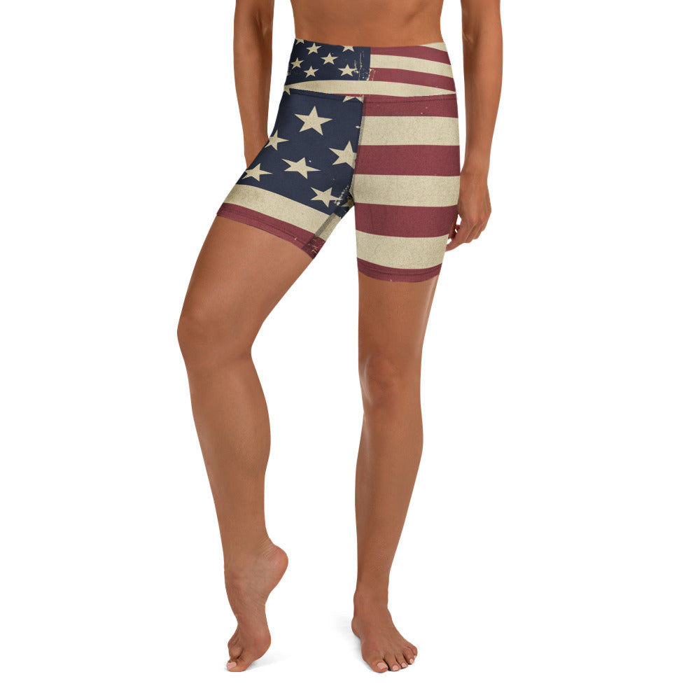 Vintage Distressed American Flag Yoga Shorts | GearBunch