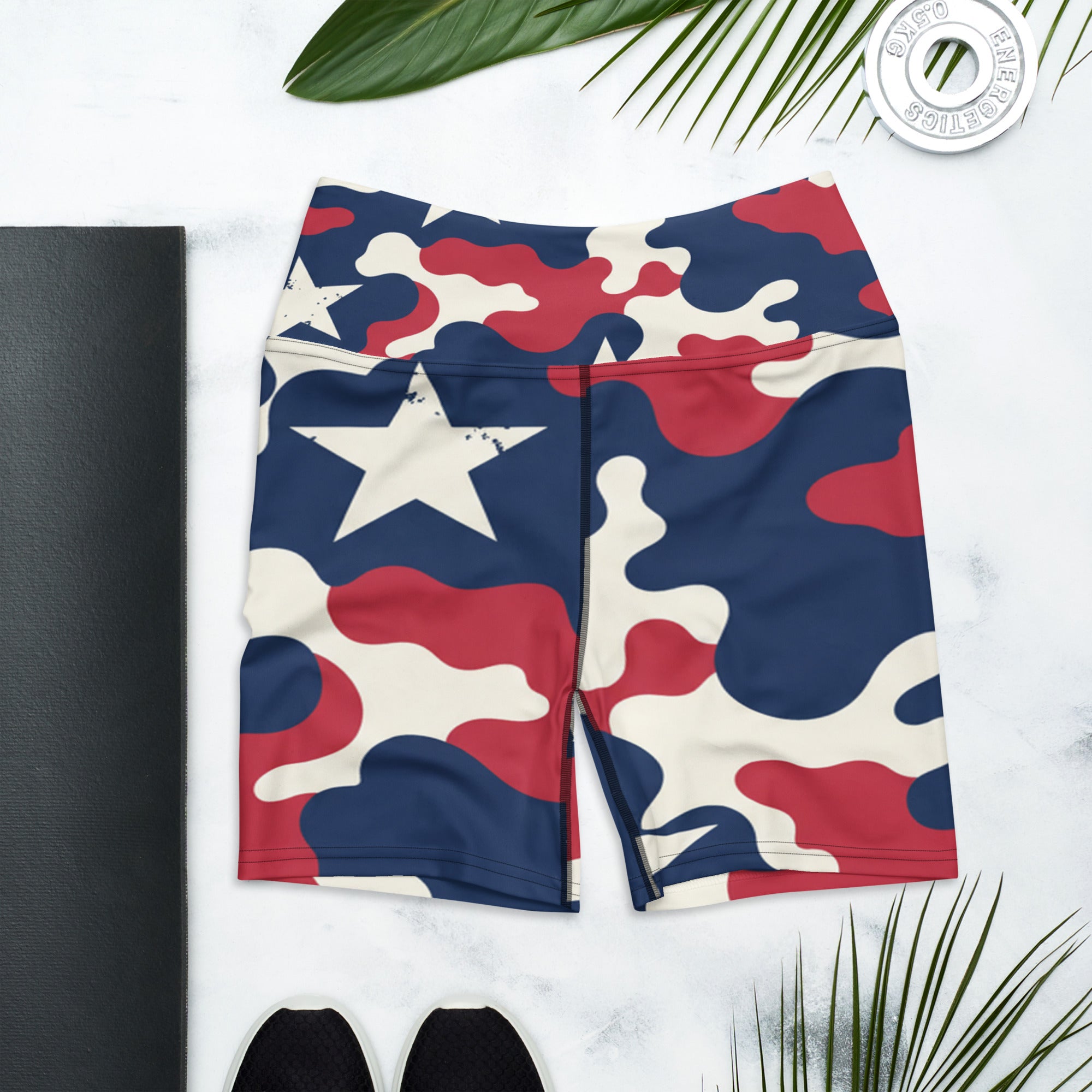 Red White Blue Camo Stars Yoga Shorts | GearBunch