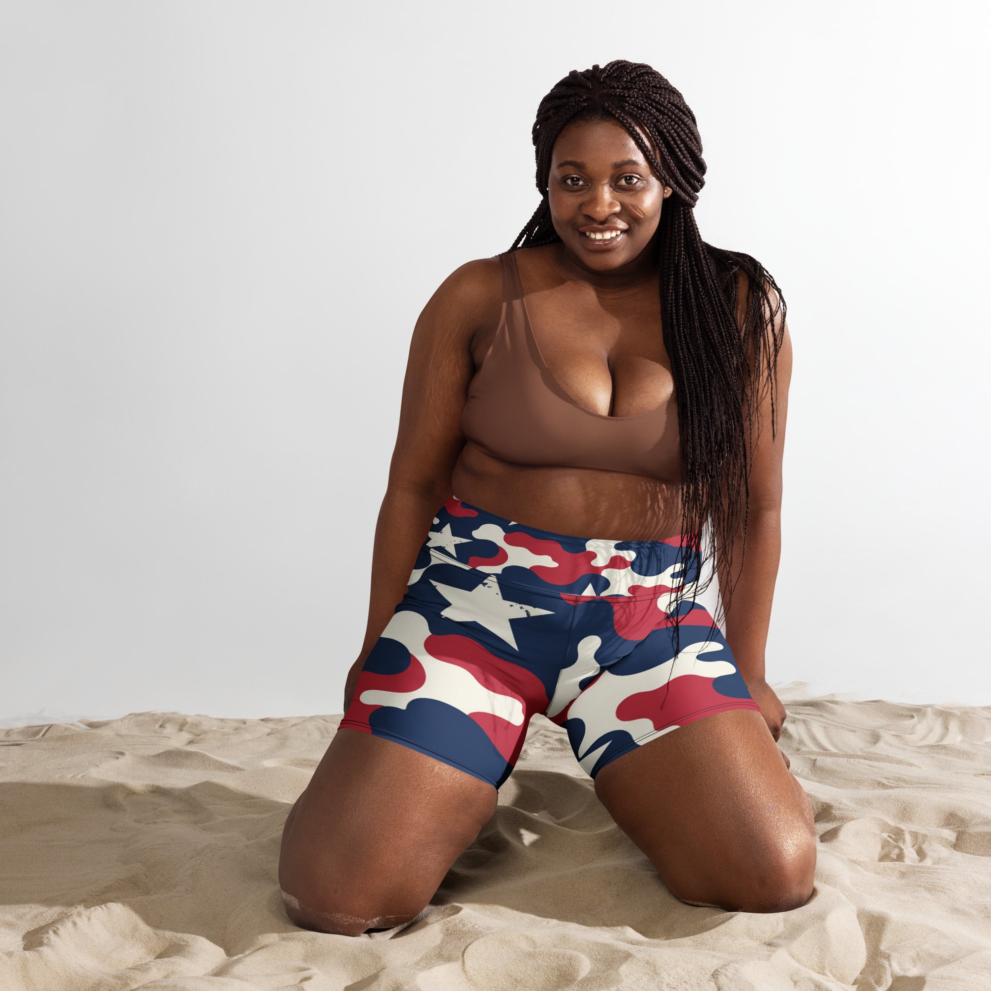 Red White Blue Camo Stars Yoga Shorts | GearBunch