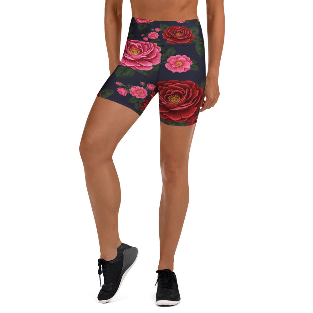 Women's midnight garden roses printed yoga shorts front view