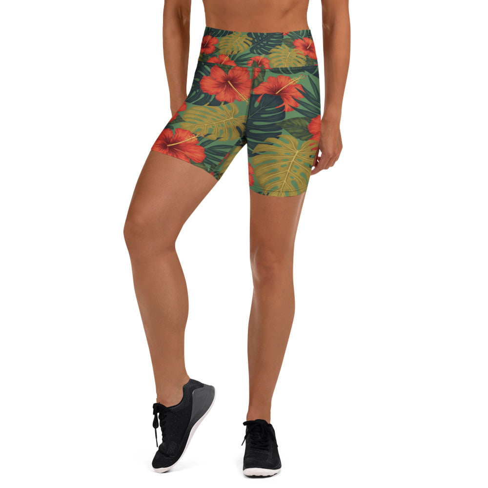 Women's tropical leaves yoga shorts front view