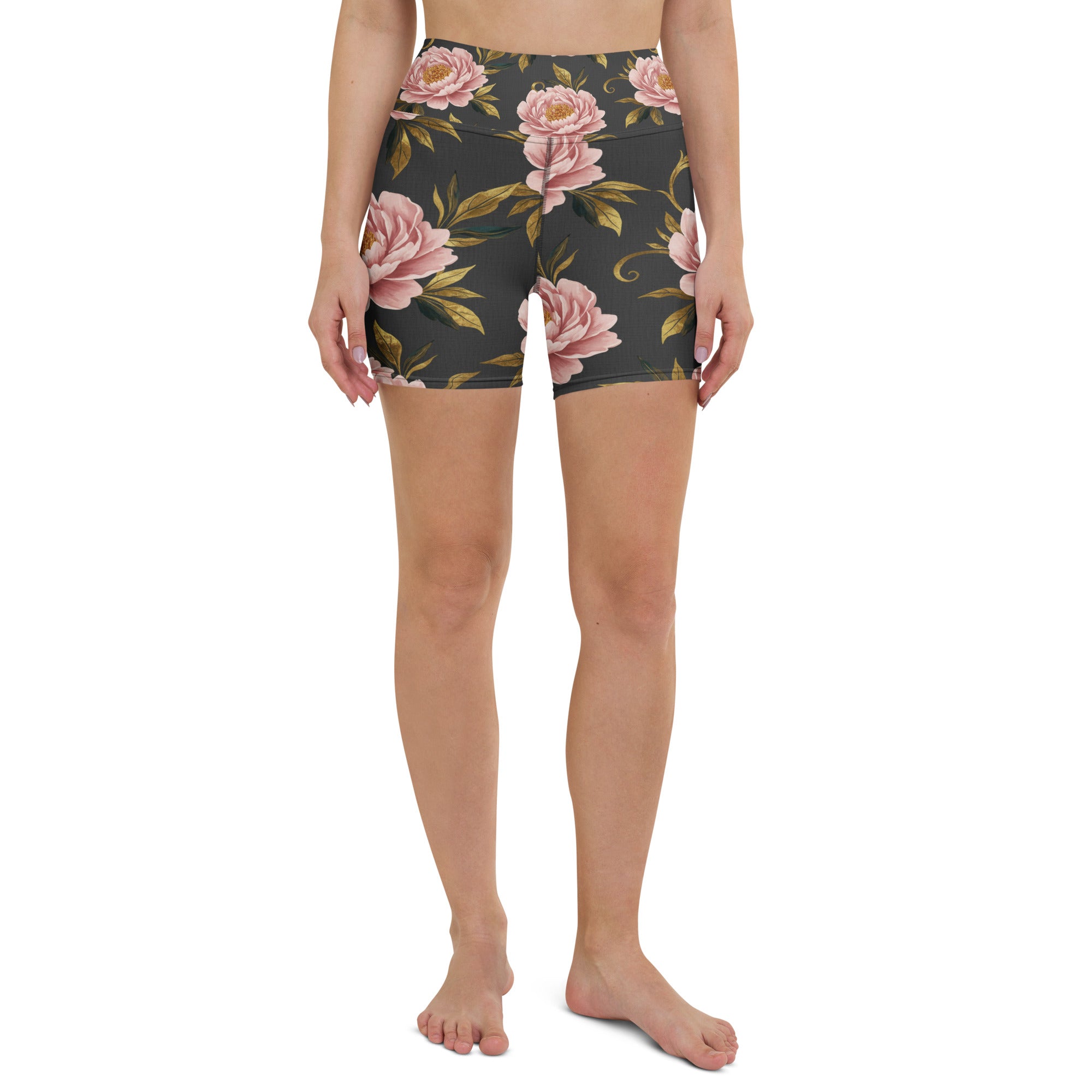 Blush Peonies and Gold Yoga Shorts | GearBunch