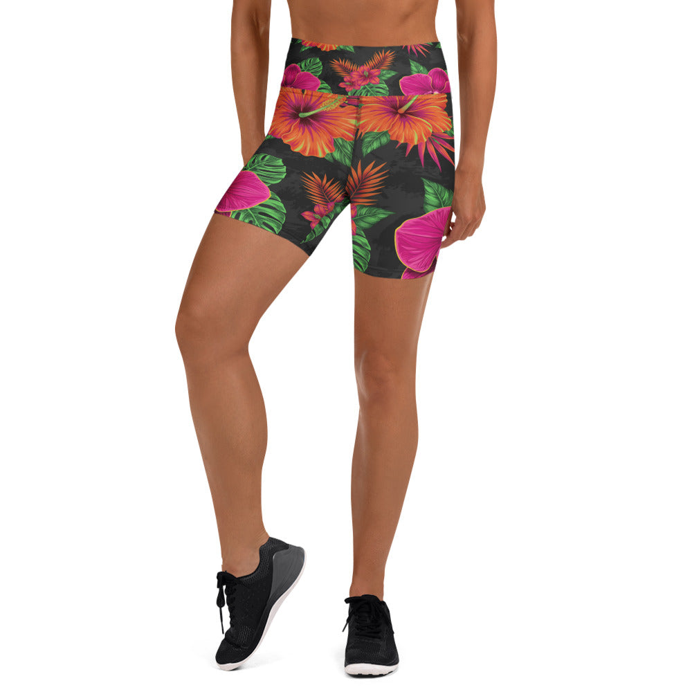 Women's neon tropical flowers yoga shorts front view