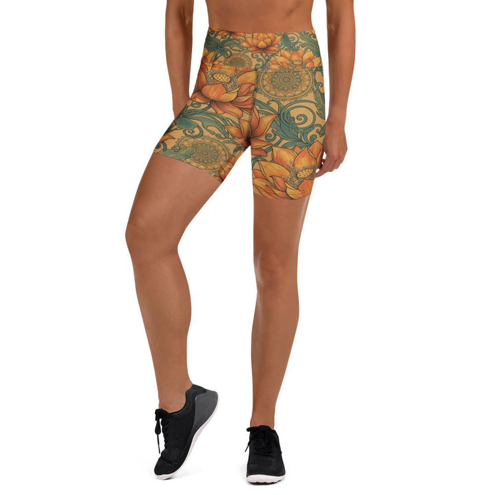 Women's lotus and mandala printed yoga shorts front view