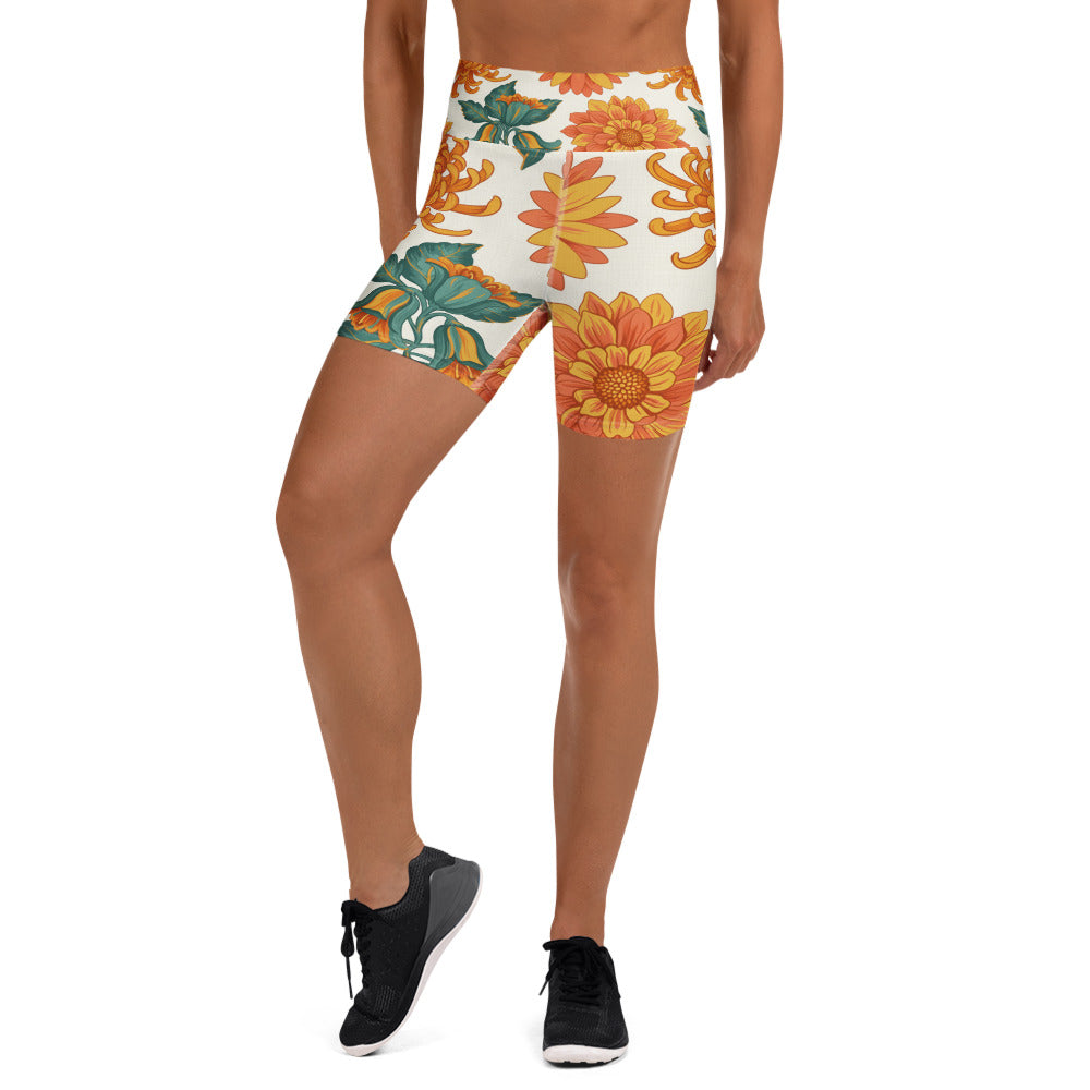 Women's retro floral seventies yoga shorts front view