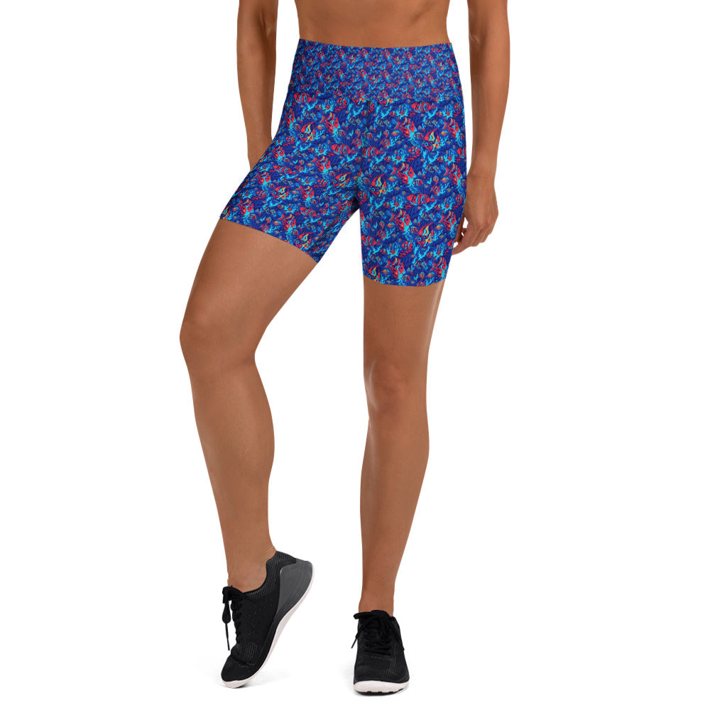 Women's colorful tropical fishes printed yoga shorts front view