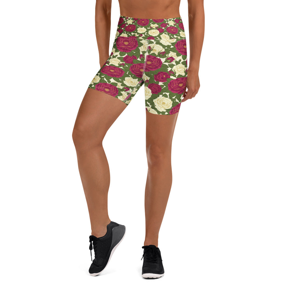 Women's taurus rose botanical yoga shorts front view