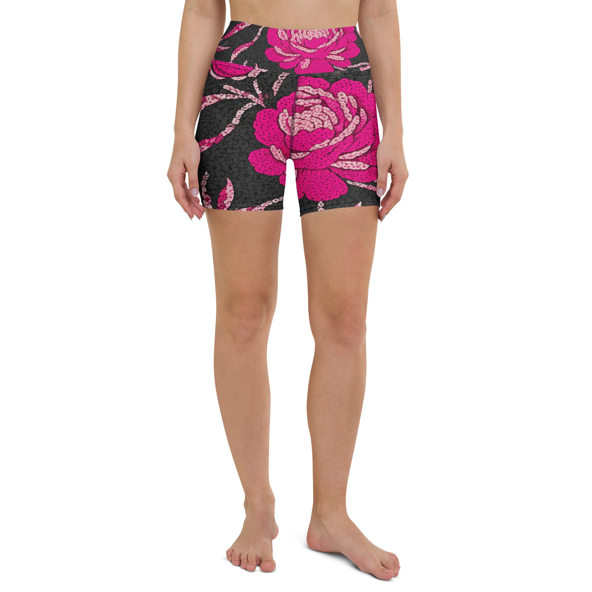 Pink Paillette Peony Yoga Shorts | GearBunch