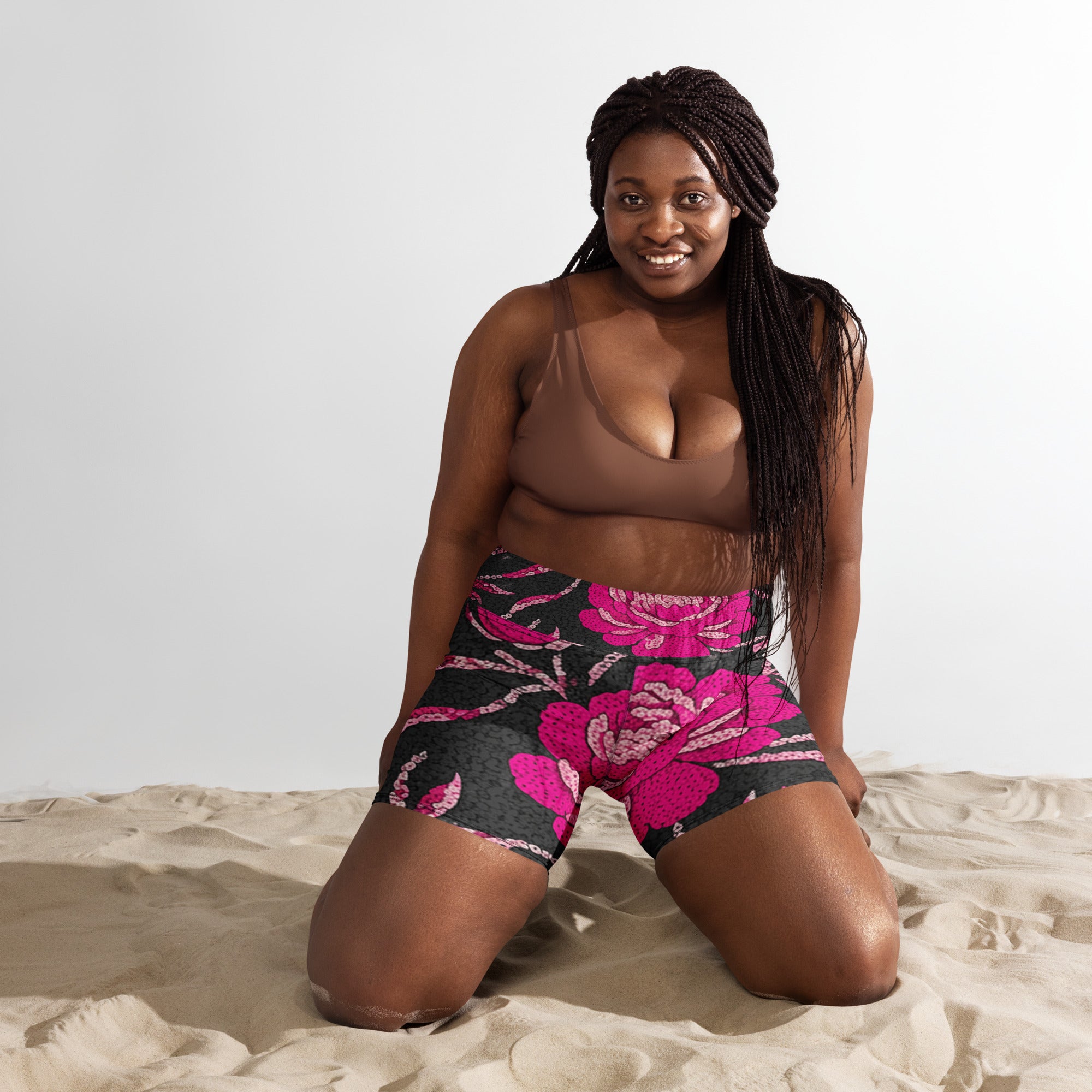Pink Paillette Peony Yoga Shorts | GearBunch