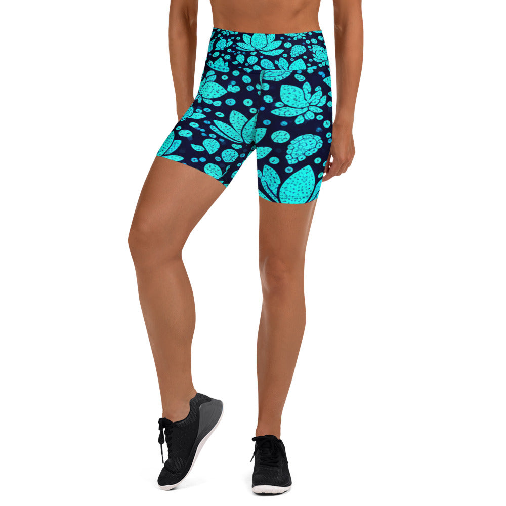 Women's teal paillette lotus yoga shorts front view